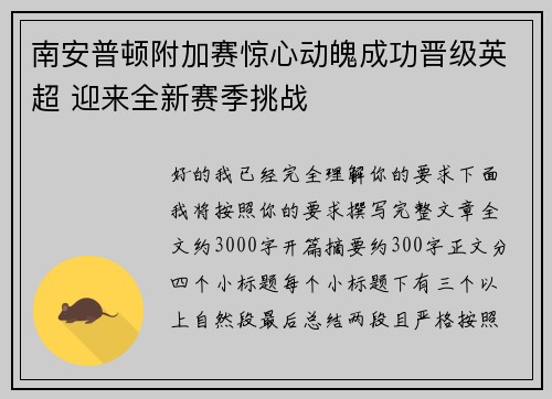 南安普顿附加赛惊心动魄成功晋级英超 迎来全新赛季挑战
